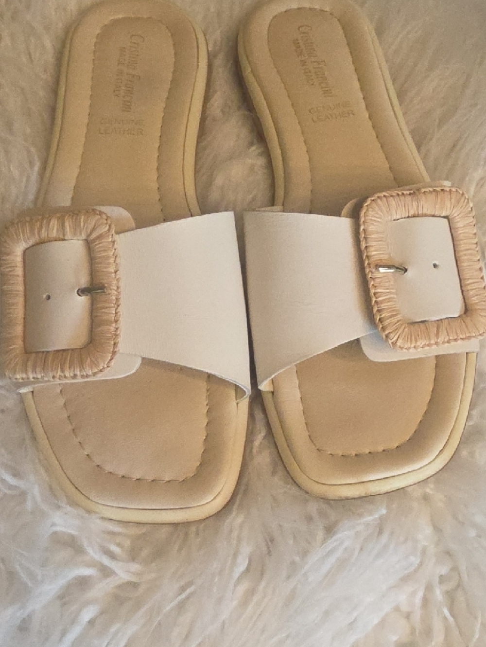 Cristina Francini Leather Neutral Slide Sandals with Woven Buckle Detail Size 9